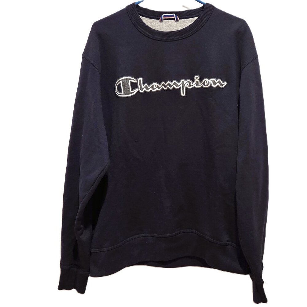 Champion Spell Out Navy Blue Sweatshirt Crew Neck Long Sleeve Pullover Mens M
